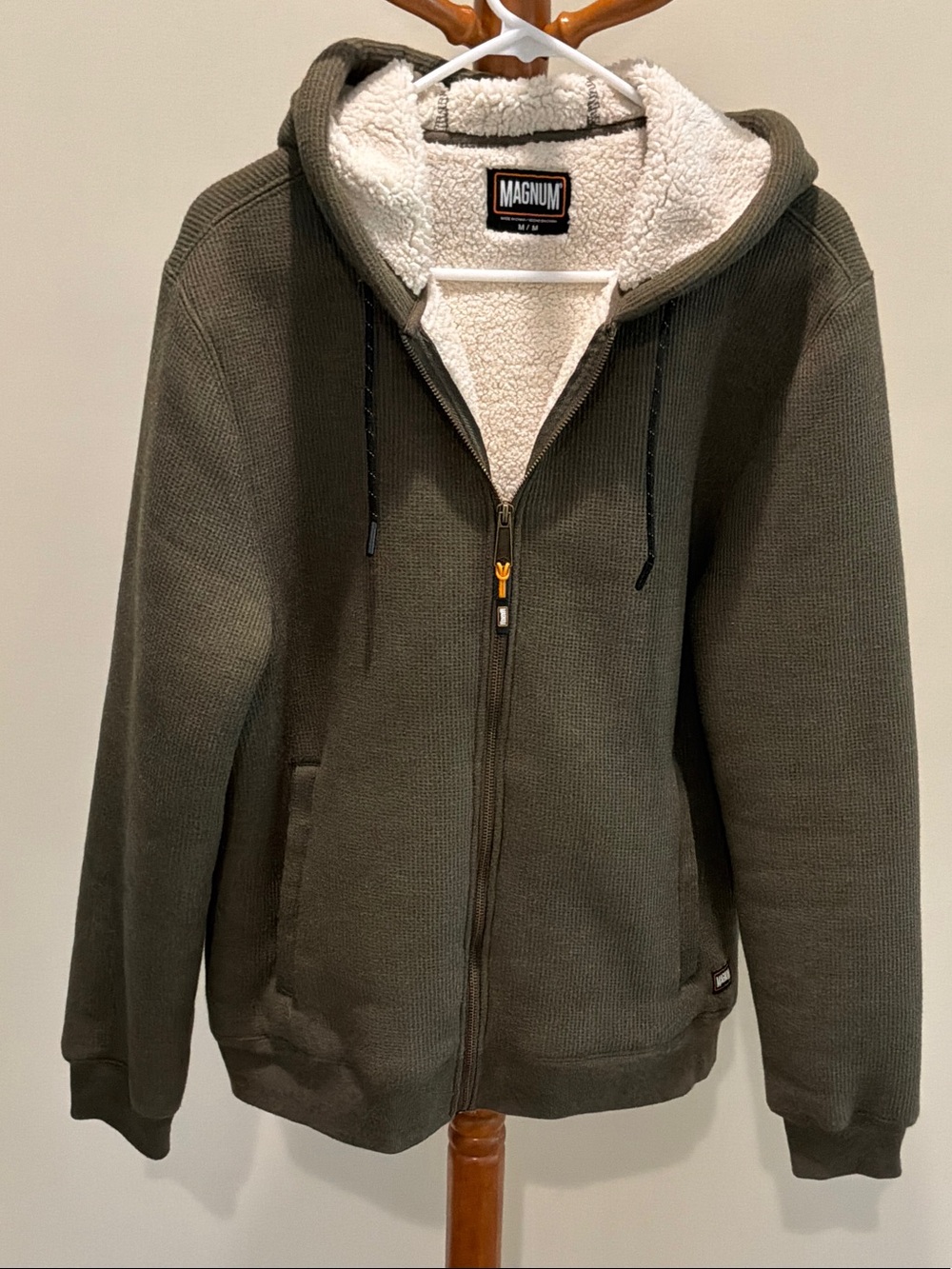 Magnum Olive Green Hooded Zip Jacket with White Sherpa Lining